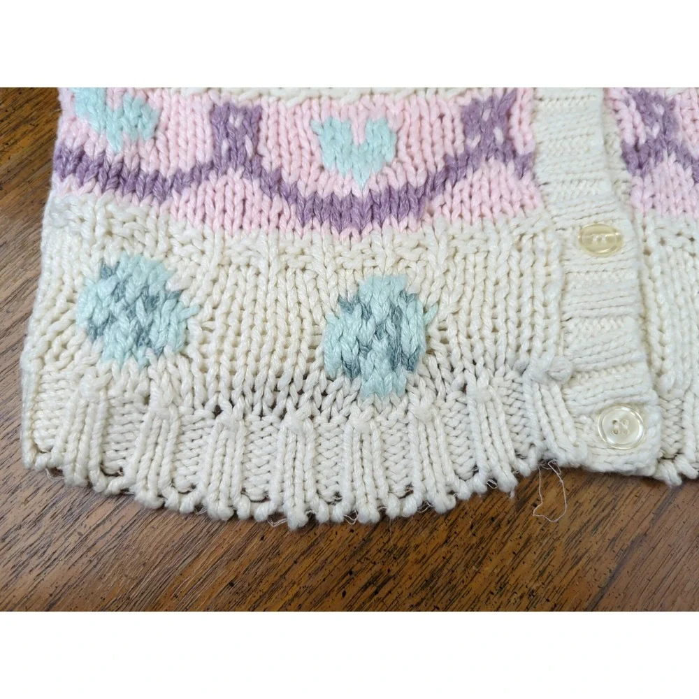 One Step Up Cardigan Sweater Sz MED Hand Knit Pastels Hearts Chunky Cable Knit - Picture 10 of 13
